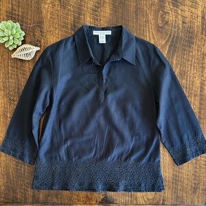 Geoffrey Beene | Linen Blend Collared Split Neck Eyelet Detail Shirt, Size 12